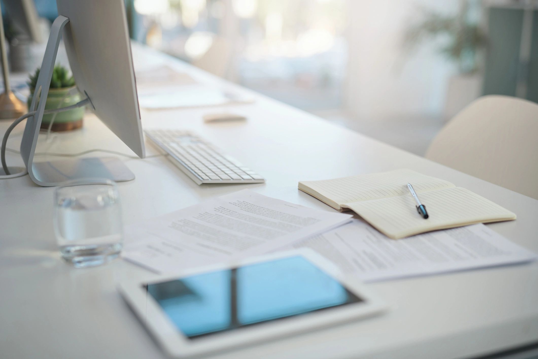 Modern office desk setup for telecom installation