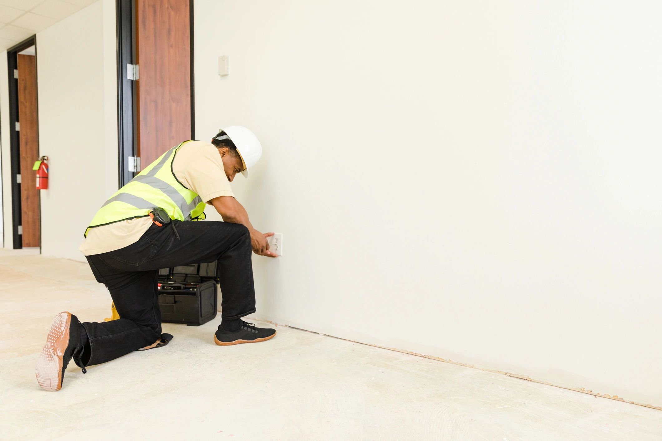 Technician checking telecom wiring connection