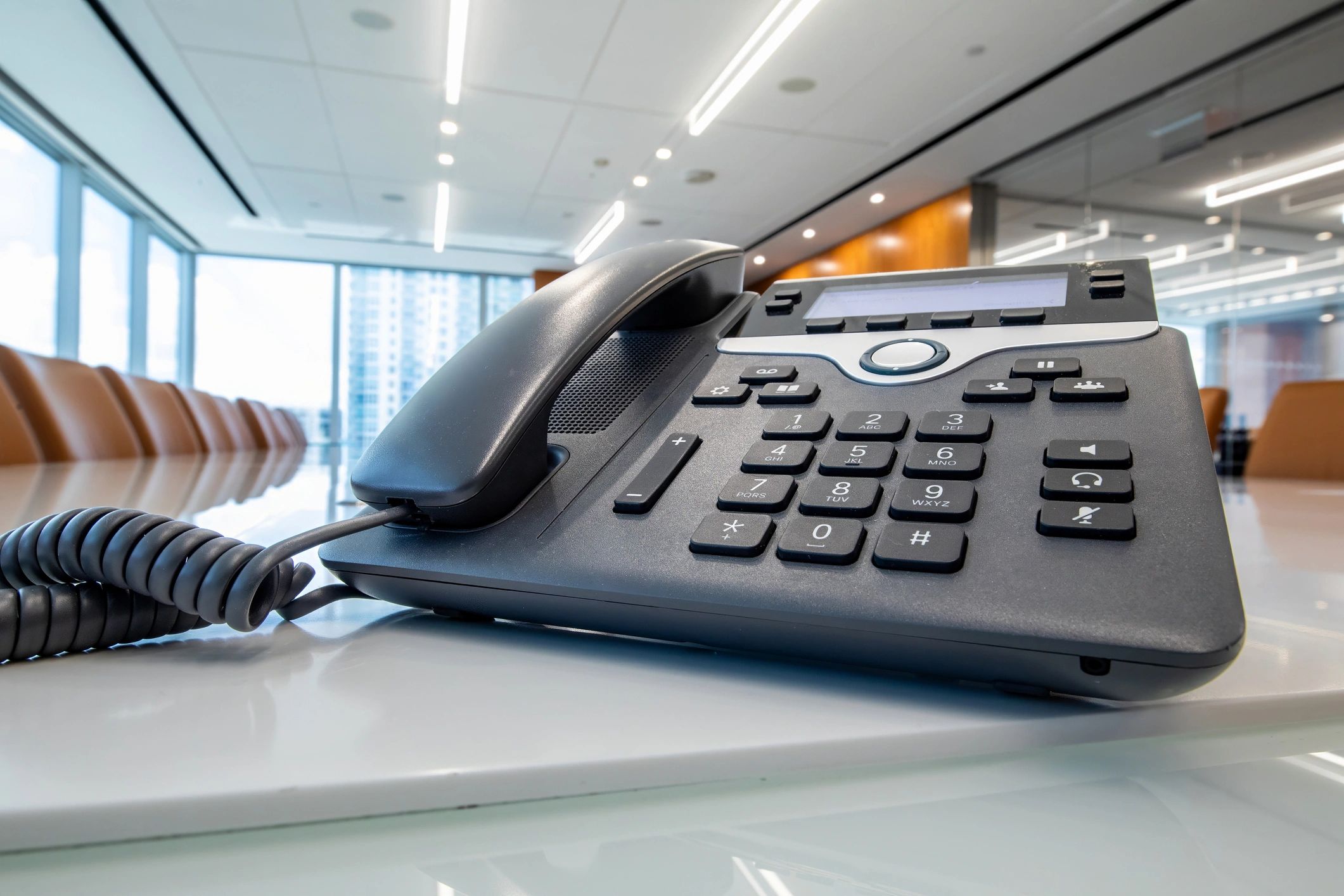 Desk phone on a conference table