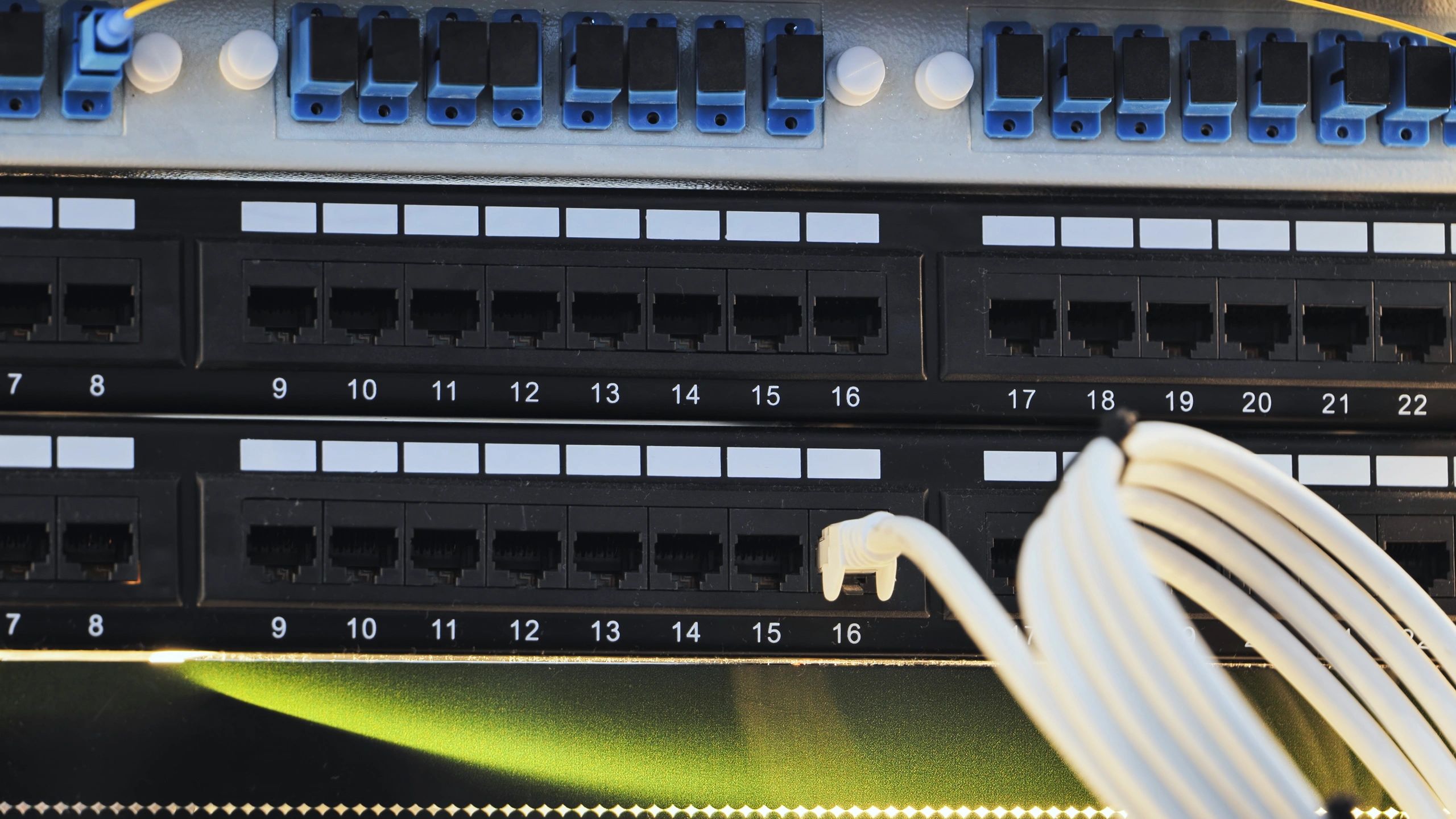 Ethernet cables connected to a patch panel
